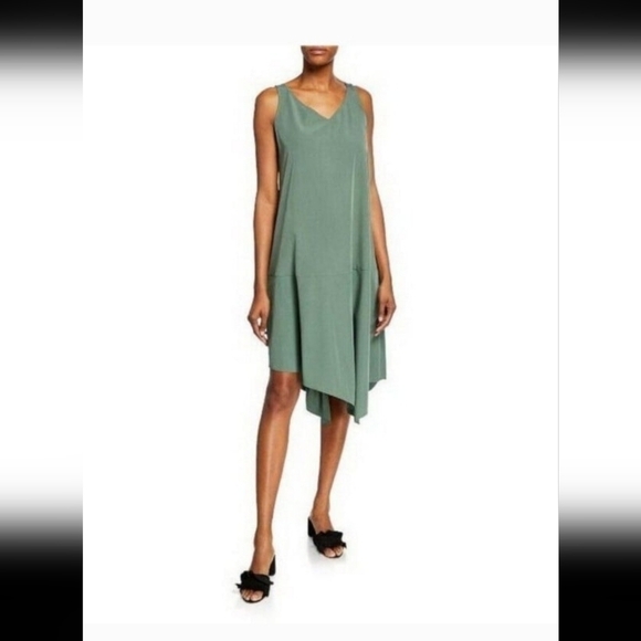 Eileen Fisher Sandwashed V-Neck Sleeveless Asymmetric Shift Dress nori green M - Picture 1 of 9